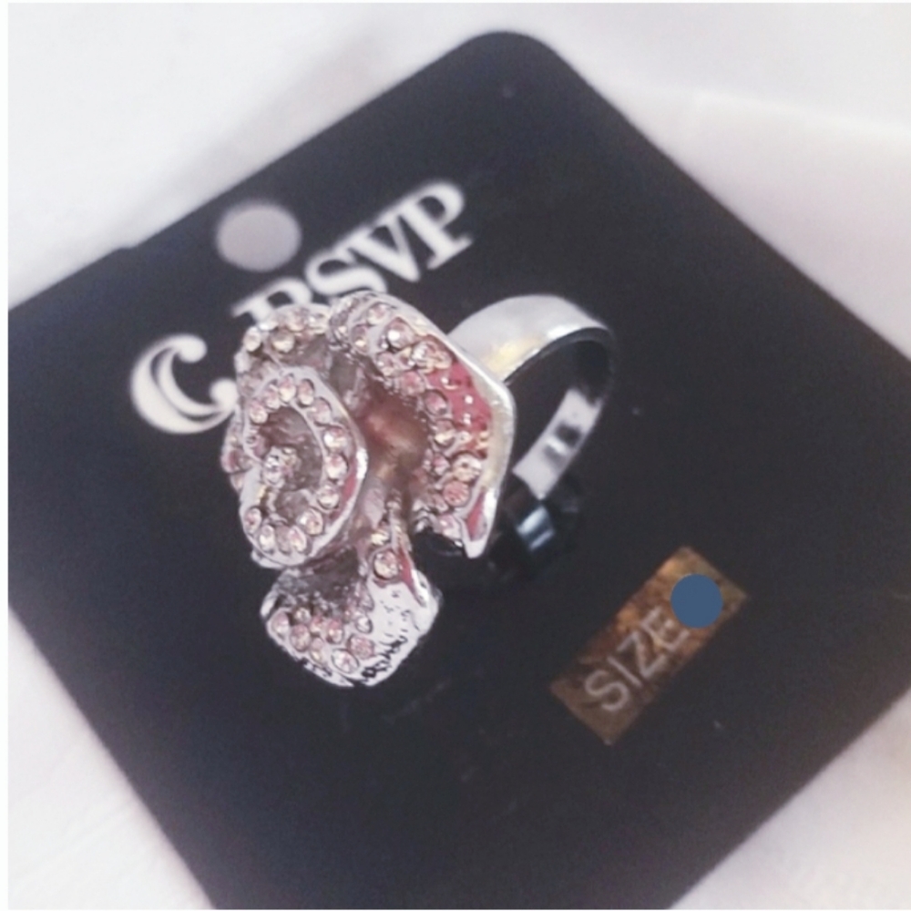 Charming Charlie Flower Statement Ring Rhinestones Silver Tone
